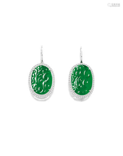 A PAIR OF CARVED JADEITE AND DIAMOND EARRINGS