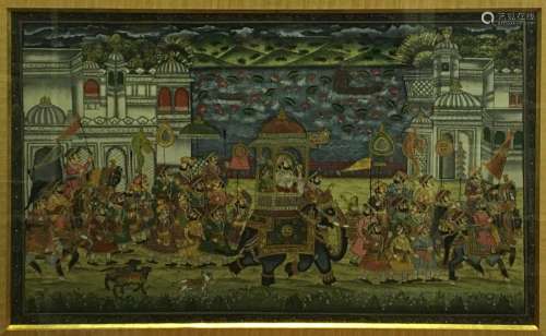 Gouache sur tissus: procession d'un Maharaja à dos…