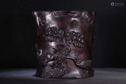 A Chinese Rosewood Brush Pot With Crane Pattern