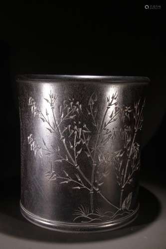 A Chinese Rosewood Brush Pot With Bamboo Carving