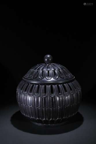 A Chinese Rosewood Incense Jar With Lotus Pattern