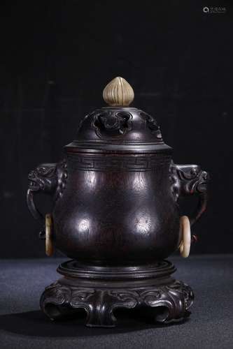 A Chinese Rosewood Censer Decorated With Shoushan Stone