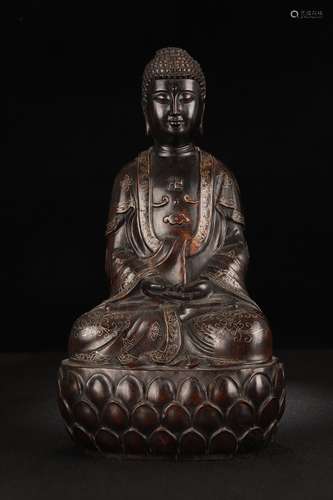 A Chinese Rosewood Gatuama Buddha With Silver