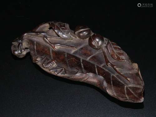 A Chinese Rosewood Inkstone With Leaf Shape