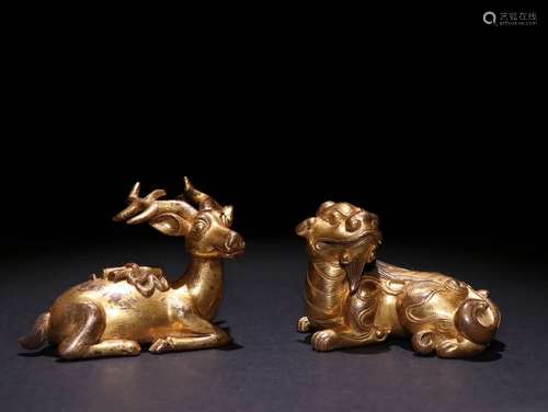 Pair Of Chinese Gilt Bronze Beast Paperweights