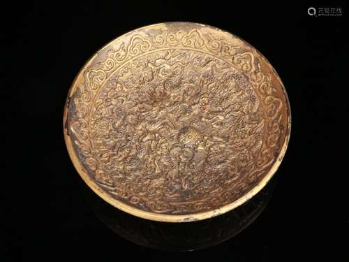 A Chinese Gilt Bronze Dragon Carved Plate