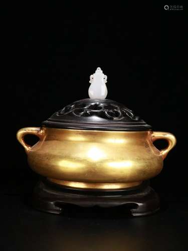 A Chinese Gilt Bronze Ear Censer