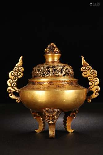 A Chinese Gilt Bronze Ear Censer With Pattern