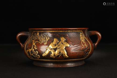 A Chinese Gilt Bronze Story-Carving Ear Censer