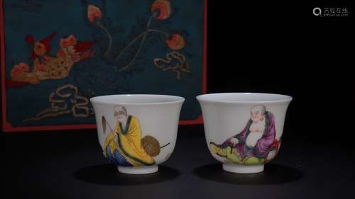 Pair Of Chinese Porcelain Famille Rose Arhat Cups