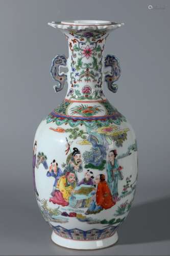 A Chinese Porcelain Famille Rose Story Carved Ear Vase