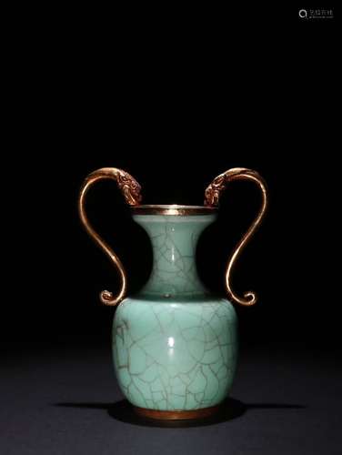 A Chinese Porcelain Jun Kiln Gilt Bronze Dragon Ear Vase