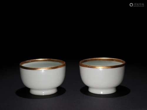 Pair Of Chinese Porcelain Jun Kiln Cups With Golden Painting