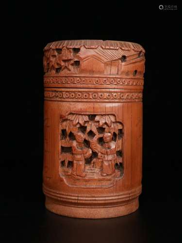 A Chinese Bamboo Story Carved Tea Jar