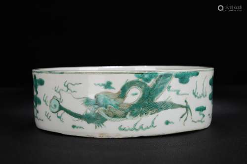 A Chinese Porcelain Green Glaze Dragon Brush Washer