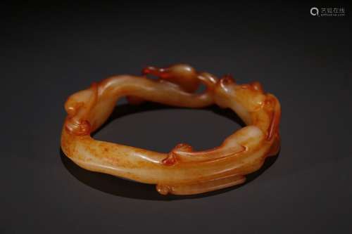 A Chinese Hetian Jade Dragon Carved Bangle