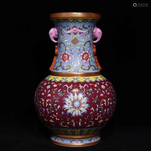 A Chinese Porcelain Red Glaze Famille Rose Flower Carved Vase