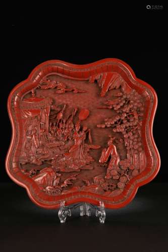 A Chinese Red Lacquerware Figure Carved Plate