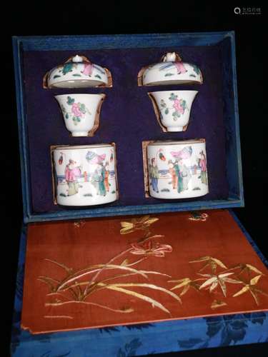 Set Of Chinese Famille Rose Story Carved Vessels