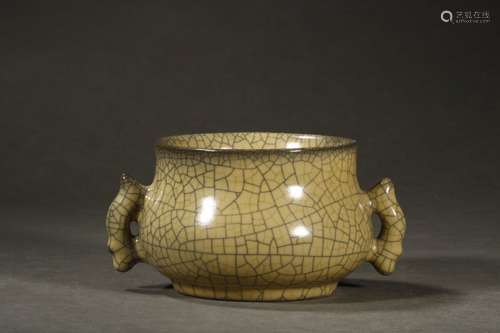 A Chinese Porcelain Yellow Ge Glaze Ear Censer