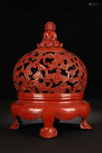 A Chinese Red Lacquerware Incense Holder With Auspicious Pattern