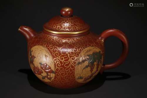 A Chinese Zisha Teapot With Golden Painting