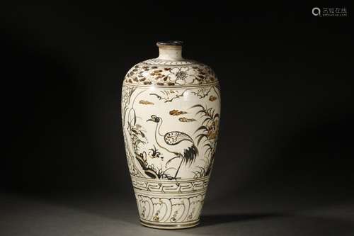 A Chinese Porcelain Cizhou Kiln White Glaze Crane Pattern Meiping Vase