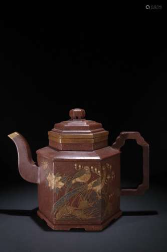 A Chinese Zisha Teapot With Golden Painting