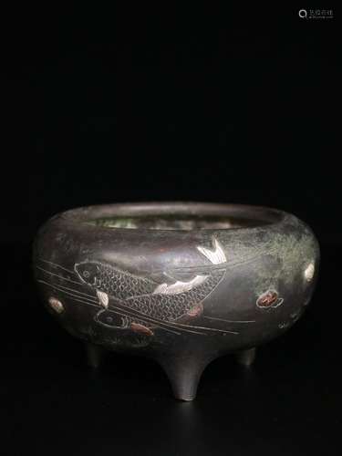 A Chinese Bronze Auspicious Carved 3-Leg Censer