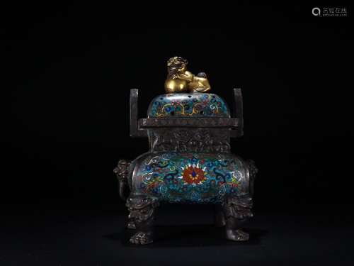 A Chinese Cloisonne Beast Carved Censer