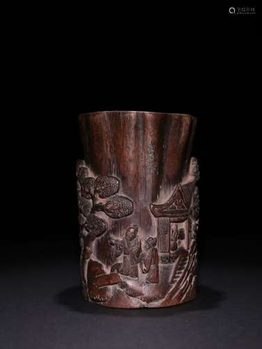 A Chinese Agarwood Story-Carving Brush Pot