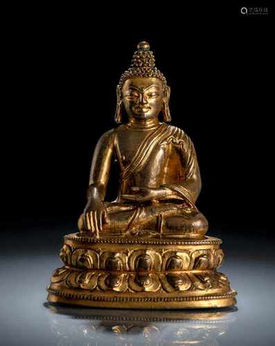 Feuervergoldete Bronze des Buddha Shakyamuni auf einem Lotos