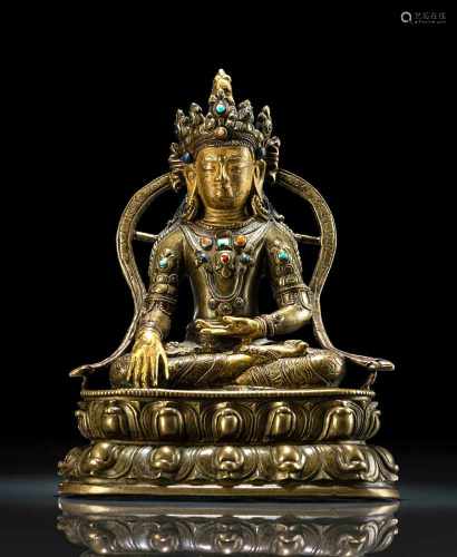 Feine feuervergoldete Bronze des Buddha Akshobya mit Kupfer- und Silbereinlagen