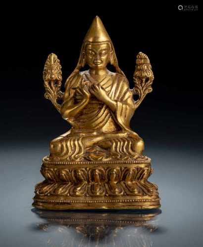 Feuervergoldete Bronze des Tsongkhapa auf einem Lotos