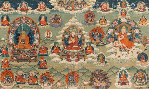 Großes Thangka mit Tsongkhapa und Buddha Shakyamuni in Montierung