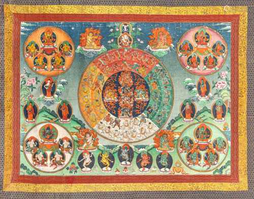 Große Thangka mit Bardo Thodol Gottheiten mit Seidenbrokat-Montierung