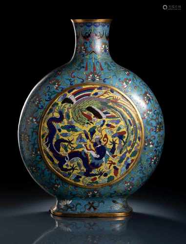 Grosse Cloisonné-Pilgerflasche mit Drachen- und Phönixdekor