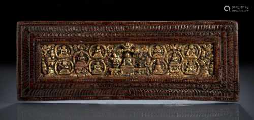 Kleiner Buchdeckel aus Holz mit partieller Vergoldung mit Shakyamuni