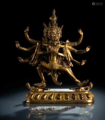 Feuervergoldete Bronze einer Gottheit, vermutlich Chakrasamvara