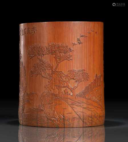 Pinselbecher aus Bambus mit Landschaft und Gedicht