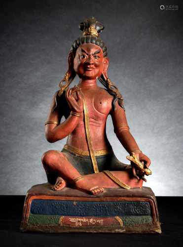 Altarfigur des Mahasiddha Grub Chen Cha Du Pa aus Papiermaschée mit Farbpigmenten