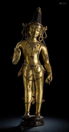 Sehr seltene und große feuervergoldete Bronze des Padmapani