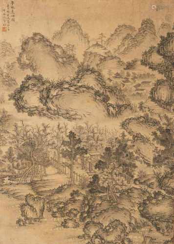 Landschaft im Stil von Ni Zan, Jiao Bingzhen (tätig ca. 1689-1726) attr.