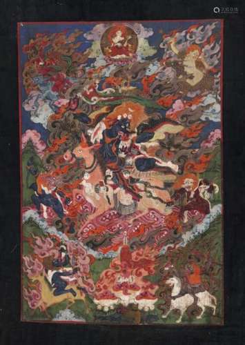 A Tibetan thangka of Palden Lhamo. Framed 19th- early 20th century. Image 49 x 32 cm.  -