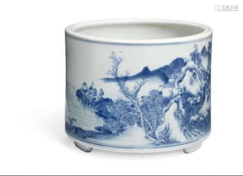 A Chinese blue and white brushpot, bitong. Kangxi 1662-1722. H. 16 cm Diam. 20 cm.  -