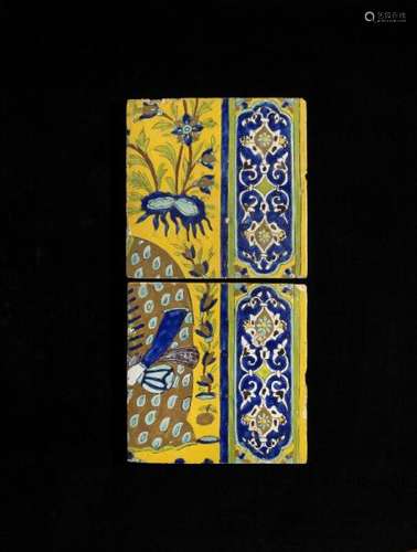 Two cuerda seca Safavid pottery tiles from a panel. Iran, 17th-18th century. 23  x 23 [...]