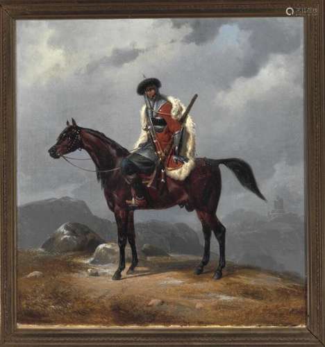 Niels Simonsen: Caucasian warrior on horseback on the plateau. Signed N. S. Oil on [...]