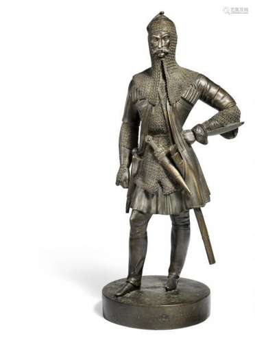 Napoléon Jacques: Caucasian warrior, patinated bronze figure. Base inscribed 'N. [...]