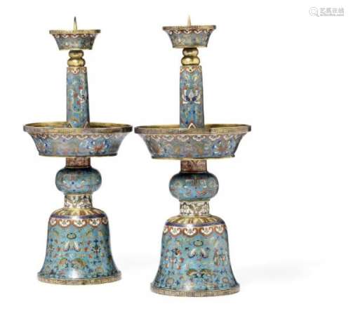 A pair of Chinese altar pricket gilt bronze and cloisonné candlesticks. Qianlong [...]