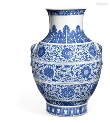 A large blue and white hu-form vase. Qianlong mark, circa 1900. H. 56.5 cm.  -